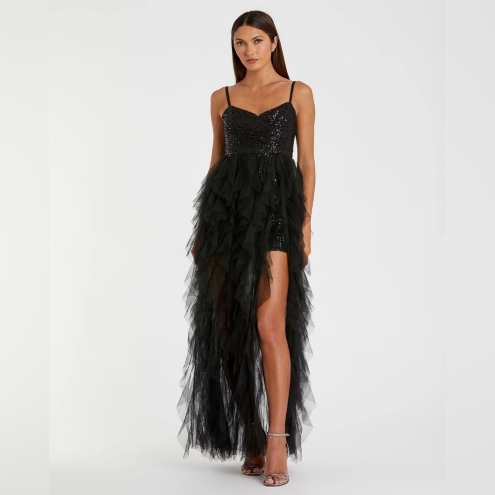 IEENA FOR MAC DUGGAL 27119 NWTSequin Mini with High Low Ruffle Tiered T…